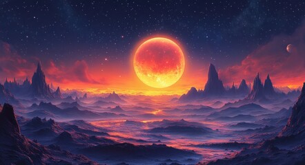 Surreal Moonrise Over Alien Terrain with Mars in the Background