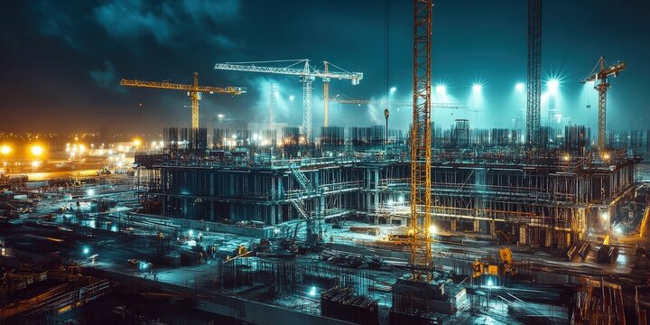 A large construction site at night illuminated by bright floodlights