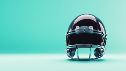 Fototapeta premium sleek black football helmet on vibrant turquoise background, showcasing its modern design and protective features. Perfect for sports enthusiasts and design lovers alike