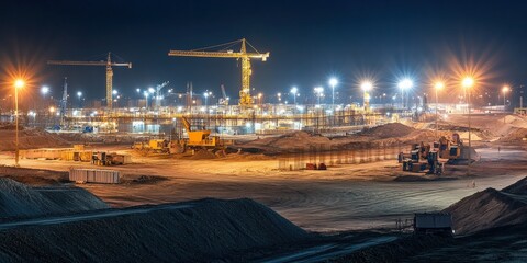 A large construction site at night illuminated by bright floodlights