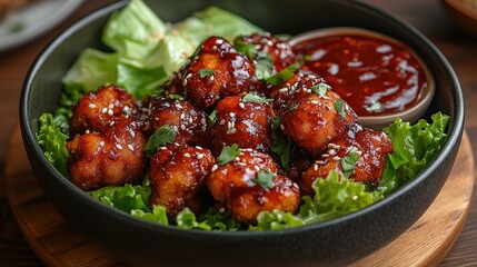 Spicy cauliflower bites, sesame, sauce, bowl, wood table, food blog