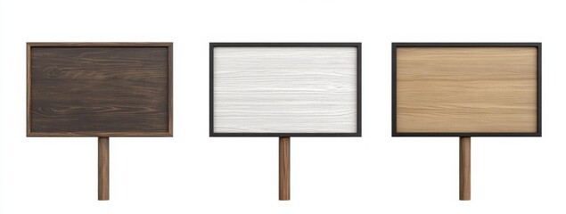 Three blank wooden signs, isolated, white background, mockup