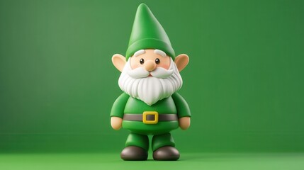 Playful green gnome figurine studio setting 3d render whimsical environment front view fantasy concept for home decor