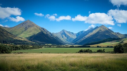Fototapeta premium Mountain valley landscape, sunny day, farmland foreground, travel poster