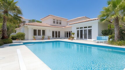 Fototapeta premium Luxury poolside retreat at elegant villa sunny location real estate vibrant environment wide angle view relaxation concept