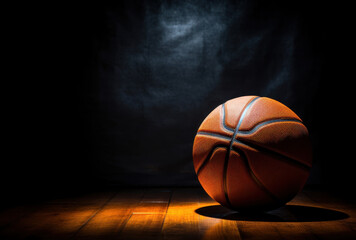 Obraz premium basketball rests on wooden floor, illuminated by dramatic lighting against dark background, creating striking visual effect