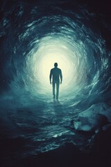 Fototapeta premium Lonely figure walking in waterlogged tunnel towards light, emitting melancholy atmosphere