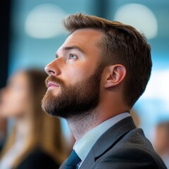 Obraz premium man looking up during a meeting