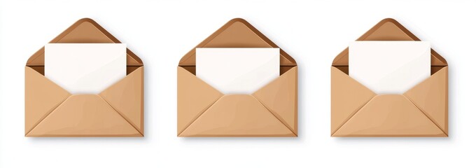 Three kraft envelopes, blank cards inside, white background, mailing concept