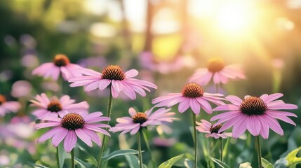 Obraz premium Delicate Pink Flowers Blooming in a Sunlit Green Garden Scene