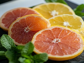 Vibrant citrus slices, grapefruit and orange cross-sections, fresh mint leaves, macro photography, high contrast, juicy textures, colorful fruit arrangement, bright natural lighting, food styling.