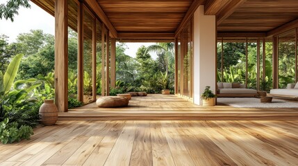 Fototapeta premium Serene Tropical Wooden Villa Interior Design