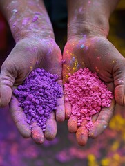 Hands holding colorful dry grains, possibly decorative powder for festivities and events.