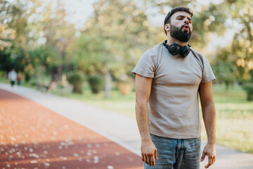 A man with headphones rests after a jog in a serene park setting, showcasing determination and...