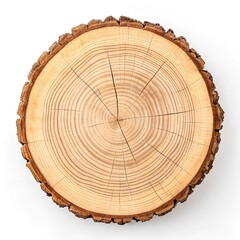 Wooden tree trunk cross-section with visible annual growth rings and bark edges against a white background Copy Space