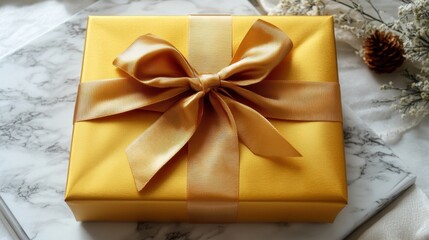 Elegant golden gift box with satin ribbon on marble background