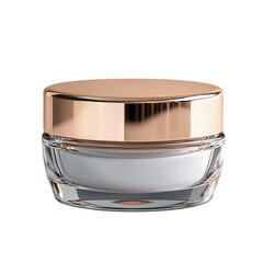 A sleek glass jar with a gold lid, containing a creamy white substance, often used for skincare or cosmetic applications.