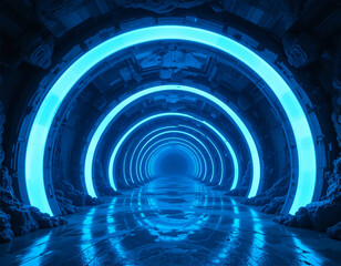 Obraz premium Blue sci-fi tunnel with glowing rings