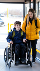 young boy in wheelchair, assisted by smiling woman, boards bus using wheelchair lift, showcasing accessibility and inclusion.