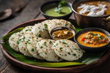Colorful and appetizing assortment of Indian food including rice cakes, sauces and condiments, a meal for one or two people.