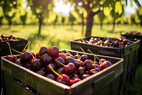 Picking cherries from an industrial orchard collecting sweet black cherries in buckets and filling boxes with lapins cherries Close up of grass and full bo