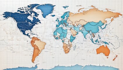 Stylized World Map on Graph Paper, Highlighting Economic Regions or Global Trends, Business