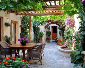 Naklejka premium A private eco courtyard with a wooden dining table, wicker chairs, and a pergola covered in climbing vines. A small fountain trickles in the corner