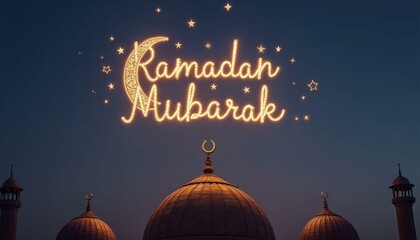 Naklejka premium Ramadan Mubarak in Gold on Twilight Sky with Mosques and Crescent Moon