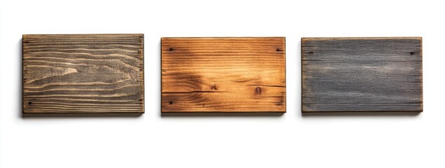 Three stained wood signs, white background, design mockup