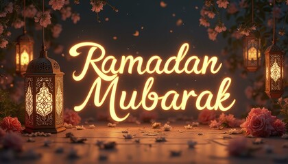 Romantic Lanterns and Ramadan Mubarak Neon Sign with Pink Roses