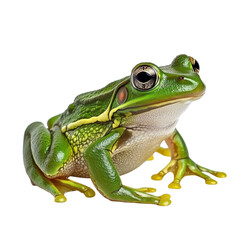 Obraz premium A vibrant green frog sits poised, showcasing its glossy skin and distinct markings, capturing attention with its large, expressive eyes.