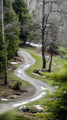 Fototapeta premium Overhead View of a Winding Woodland Path with Melting Snow, Spring Landscape