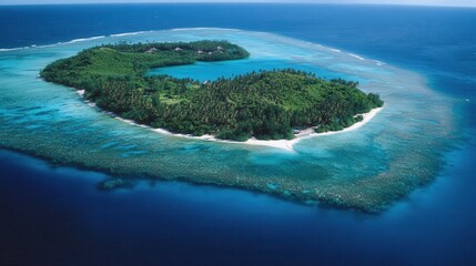 Aerial perspective showcasing a secluded island encircled by tranquil waters, highlighting its natural beauty and isolation.