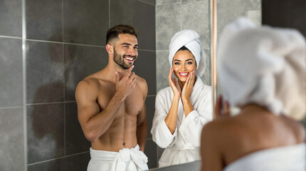 Young caucasian couple in bathroom mirror reflection with towels and skincare