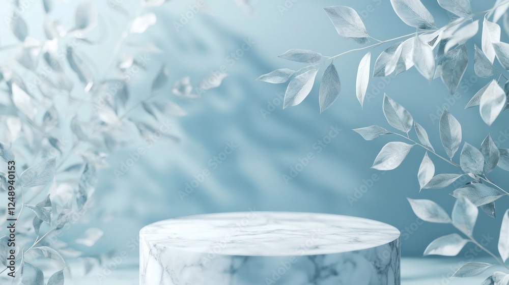 Poster a minimalistic cube pedestal crafted from white marble sits gracefully against a soft blue leaf back