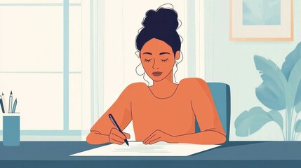 Woman Writing at a Desk in a Bright Workspace