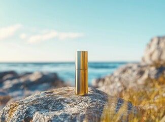 Product photography of a perfume bottle on a rock in front of a background of the sea, sky, and waves, with a blurred foreground. 
