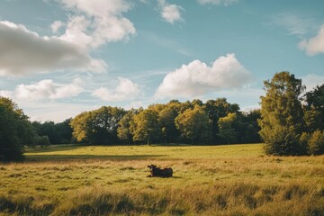 Fototapeta premium A pastoral landscape featuring a cow resting in a meadow, with distant trees and a partly cloudy sky adding depth to the composition.
