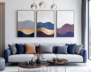 A warm minimalist interior with plush furniture in jewel toned fabrics: deep blue, gray, and burgundy. Winter themed paintings add seasonal charm