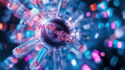 Vibrant test tubes filled with colorful particles radiate light, symbolizing innovation and discovery in scientific research. The dynamic composition captures the essence of modern science