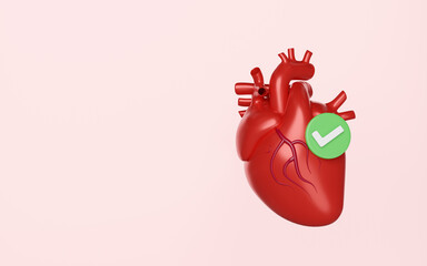 3d realistic human heart with check mark isolated on pink background. health check concept, 3d illustration render