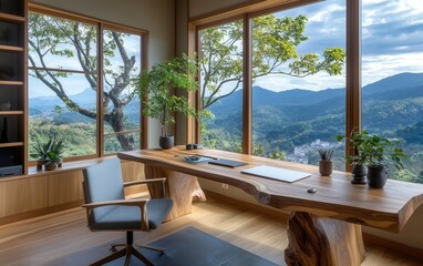 Obraz premium An eco office with a large wooden desk, an ergonomic chair, and minimalist decor. The office is set by a window offering a sweeping mountain view
