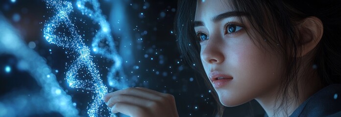 Futuristic Laboratory Scene with Scientist Analyzing Glowing DNA Strand in Digital Art Style