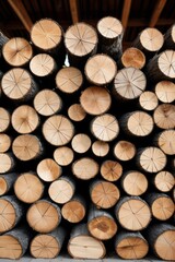arafed pile of wood stacked up in a room with a roof