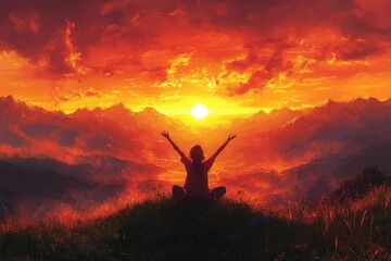 Woman Celebrating Life at Sunrise on Grassy Hill with Mountains in Background