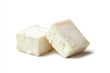 Two creamy cheese cubes, isolated, white background, food photography, recipe ingredient