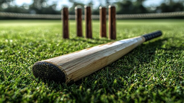 Cricket bat on grass with stumps and boundary ropes in background