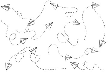 Various hand drawn paper planes. Vector paper airplane. Outline flying planes with dotted track direction. Travel or message symbol. Black linear paper plane icon
