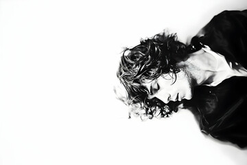 Fototapeta premium Studio portrait Man, curly hair, leaning, white background, pensive