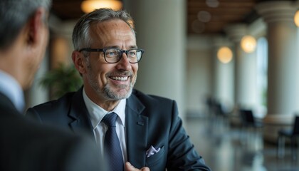 Business partners engaged in formal discussion during a meeting, smiling and confident